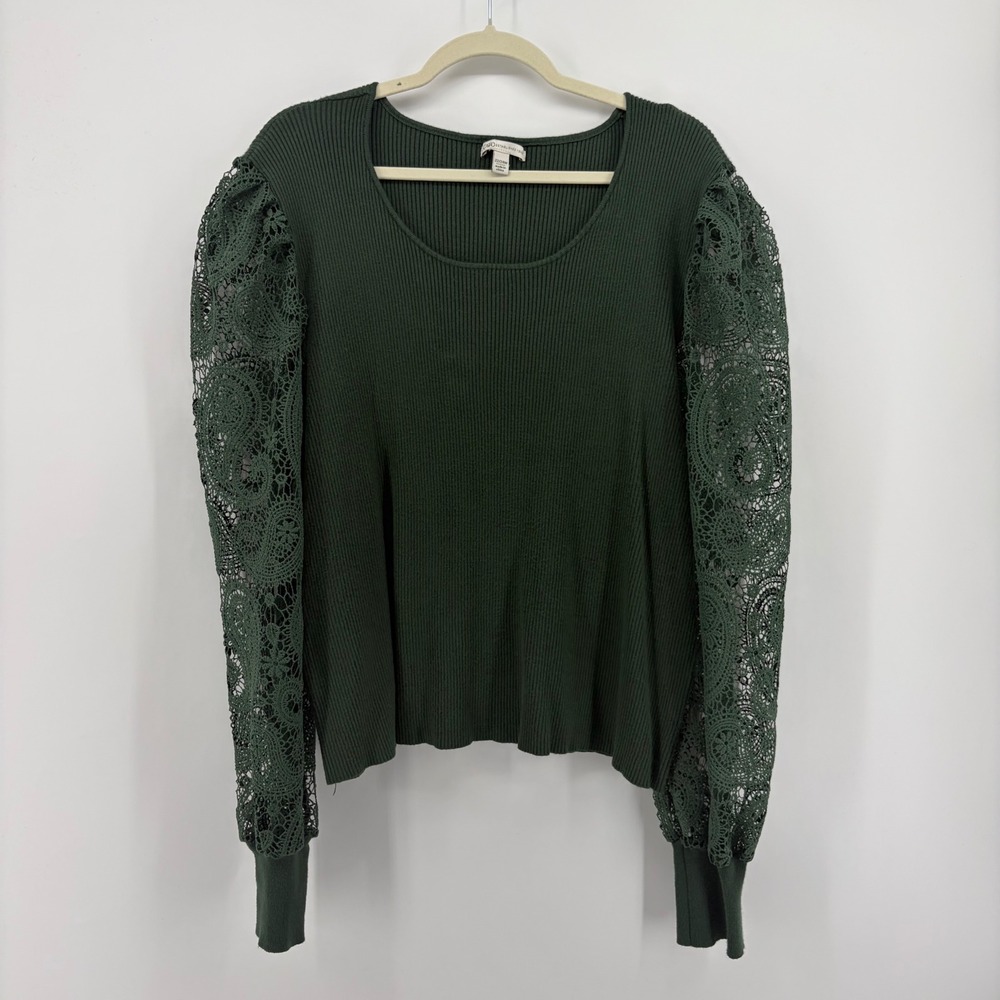 Cato Womens 22/24W Green Ribbed Knit Top Crochet Lace Balloon Sleeve Boho